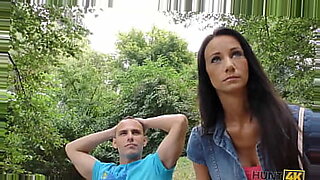 2 guys fuck girl with glasses outdoor